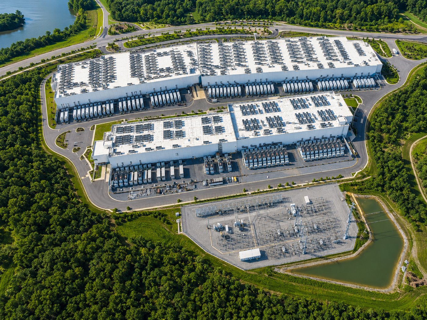 Aerial view of a hyperscale data center campus with an on-site substation