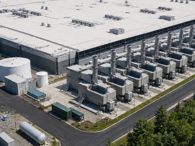 Aerial view of a data center campus with a row of enclosed generator units, fuel tanks, and surrounding forest