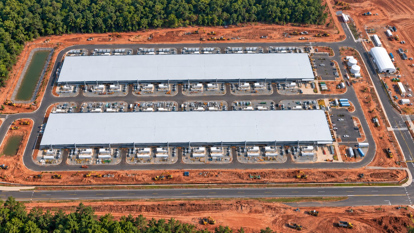 Aerial view of a data center campus under construction, showing phased building and equipment buildout
