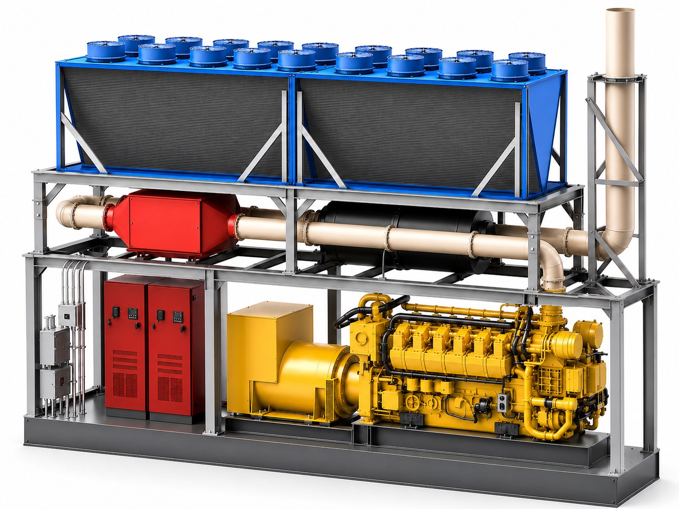 General arrangement rendering of the ULN generation package skid, showing the radiator and cooling fan section, SCR catalyst housing, electrical control cabinets, generator, engine, and exhaust stack