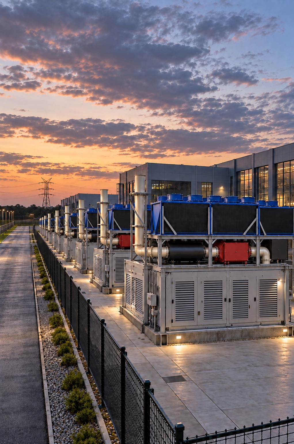 Row of enclosed generator units with individual exhaust stacks on a data center campus at sunset, with a transmission tower in the distance