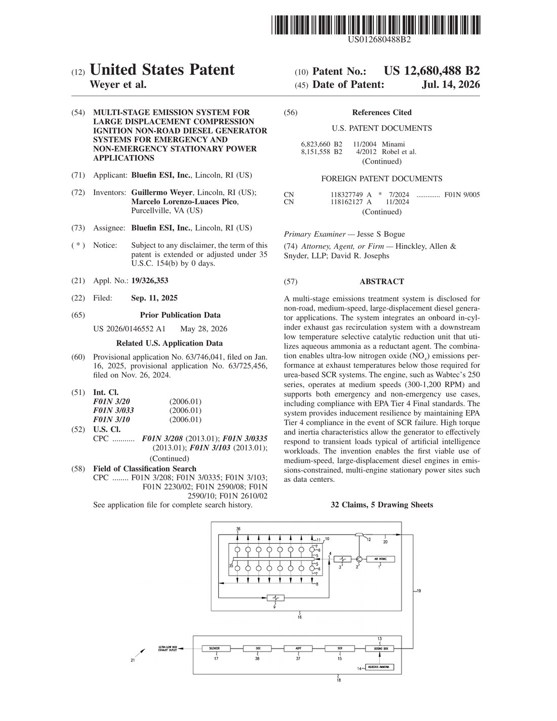 U.S. Patent No. 12,680,488 B2 certificate cover page, 'Multi-Stage Emission System for Large Displacement Compression Ignition Non-Road Diesel Generator Systems for Emergency and Non-Emergency Stationary Power Applications,' assignee Bluefin ESI, Inc., issued July 14, 2026