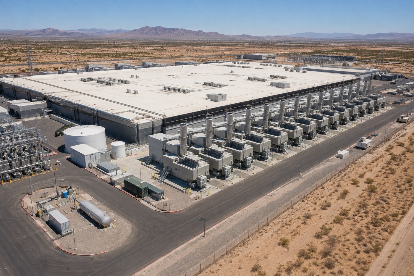 Aerial view of a data center campus in a desert setting with an on-site electrical substation and rows of generator units